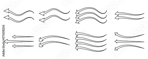 Air flow arrows set. Arrow black icon collection for showing wind direction