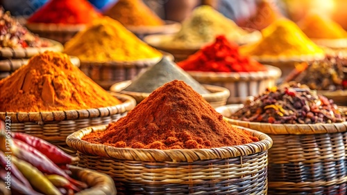 Fototapeta Naklejka Na Ścianę i Meble -  Colorful spice market with assorted herbs and seasonings in traditional baskets