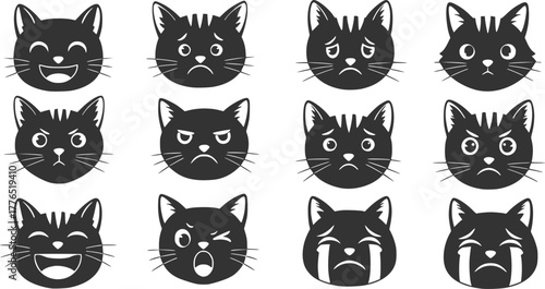 Cute cats faces. Cat heads emoticons, kitten face expressions. Happy smiling, sad, angry and wink cat vector illustration. Animal cartoon characters laughing and crying. Hand drawn emoji feelings