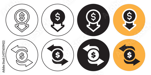 Currency exchange and money transfer round icon set vector