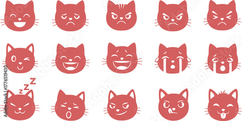 Cute cats faces. Cat heads emoticons, kitten face expressions. Happy smiling, sad, angry and wink cat vector illustration. Animal cartoon characters laughing and crying. Hand drawn emoji feelings