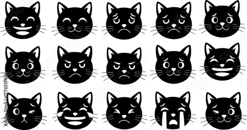 Cute cats faces. Cat heads emoticons, kitten face expressions. Happy smiling, sad, angry and wink cat vector illustration. Animal cartoon characters laughing and crying. Hand drawn emoji feelings