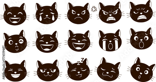 Cute cats faces. Cat heads emoticons, kitten face expressions. Happy smiling, sad, angry and wink cat vector illustration. Animal cartoon characters laughing and crying. Hand drawn emoji feelings