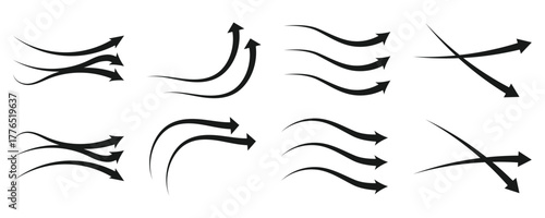 Air flow arrow. Set of blue arrow showing wind air flow. Vector set of air flow arrows. Blue air flow arrows showing wind circulation and ventilation.