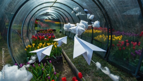 Colorful tulips bloom, paper airplanes soar. Clouds drift inside a greenhouse