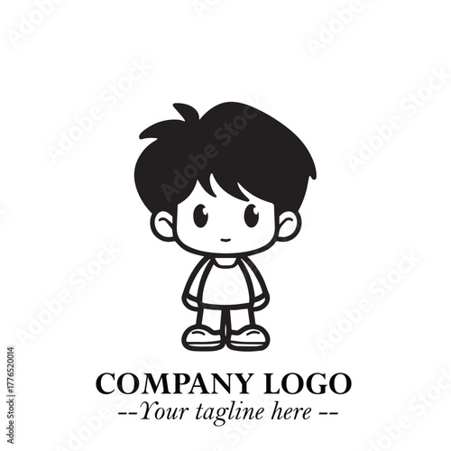 Black and White Chibi Boy Illustration with Jacket and Boots in Bold Thick Line Art Minimal Style