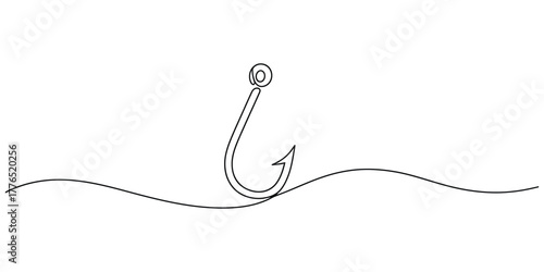 Continuous line drawing of a fishing hook in water