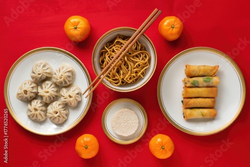 Asian cuisine with dumplings, noodles, spring rolls, rice, and tangerines on red