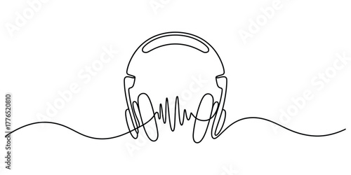 Continuous line drawing of headphones with sound waves