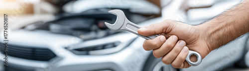Mechanic hand holding a wrench in front of a gray car with an open hood. Concept of car service, repair, and maintenance.