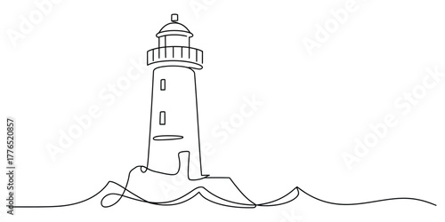 Continuous line drawing of a lighthouse on rocks in the sea