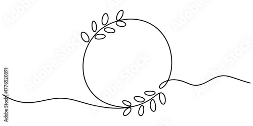 Circular frame with leaves, continuous line drawing