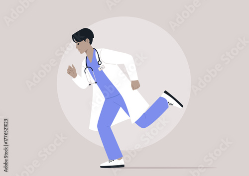 A determined doctor sprinting through a hospital corridor, clad in medical attire, showcasing their commitment to health and swift action in challenging situations