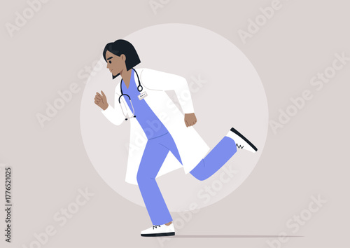 A determined doctor sprinting through a hospital corridor, clad in medical attire, showcasing their commitment to health and swift action in challenging situations