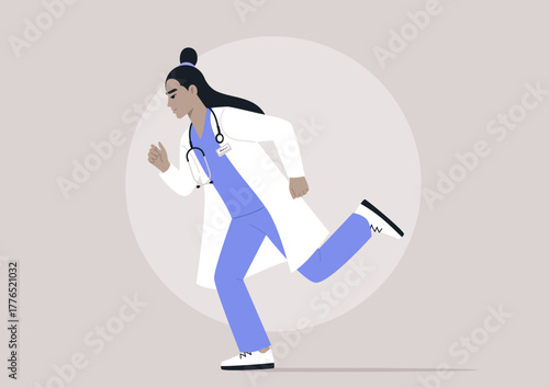 A determined doctor sprinting through a hospital corridor, clad in medical attire, showcasing their commitment to health and swift action in challenging situations
