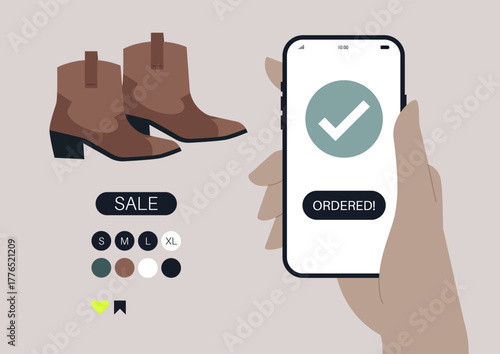 Person places an online order for trendy brown boots, showcasing a user-friendly shopping app and displaying a selection of sizes and colors for a stylish choice.