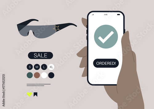 Person places an online order for trendy y2k sunglasses, showcasing a user-friendly shopping app and displaying a selection of sizes and colors for a stylish choice.