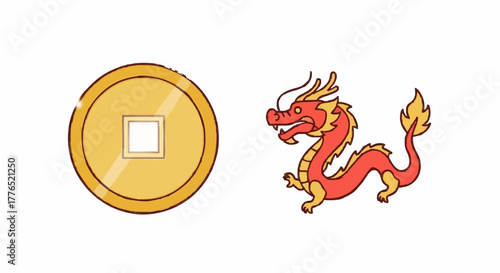 Vibrant vector illustration of a majestic red Chinese dragon paired with a traditional golden square-holed coin, symbolizing prosperity, fortune, and rich cultural heritage
