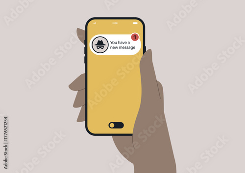 A person checks their smartphone, receiving a message from a scammer, highlighting modern concerns about online security and communication.