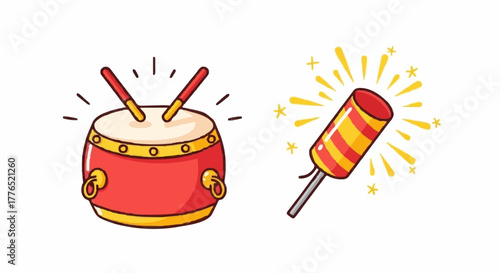 Celebratory Icons Drum and Firecracker Clip Art for Festivities
