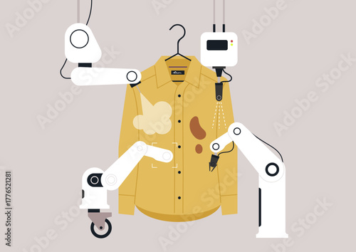 Four advanced robots meticulously clean and care for a colorful shirt, demonstrating the future of laundry services in a contemporary setting, combining efficiency with precision.