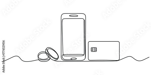 Simple continuous line drawing of a smartphone, credit card, and coins