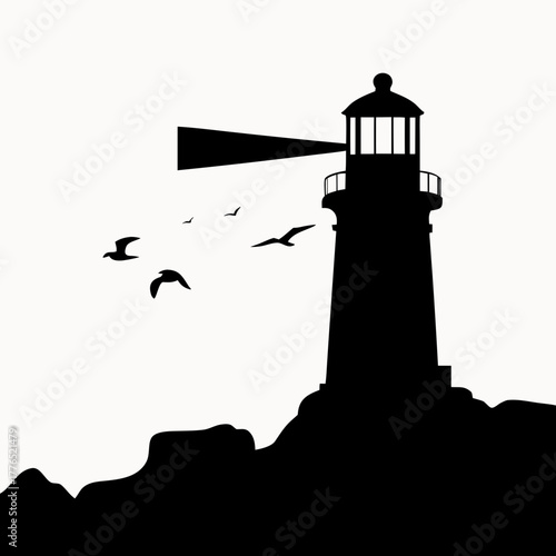 Silhouette of a lighthouse on rocks with birds flying against a white background at daytime