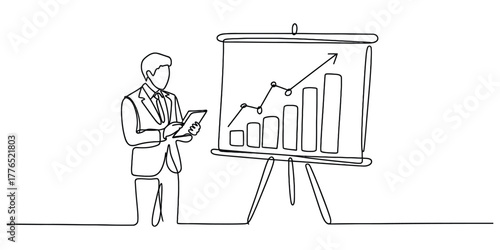 Man presenting a business graph on a Simple continuous line drawing