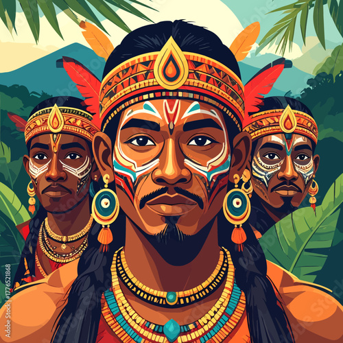 A powerful digital art illustration of three indigenous tribal warriors with traditional face paint and feathered headdresses