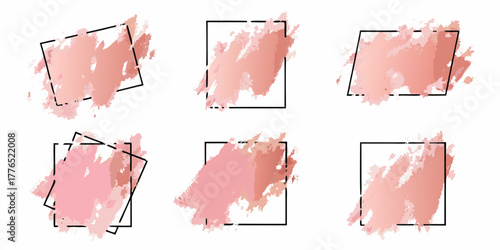 Collection of six abstract watercolor brush strokes with geometric black frames on a white background