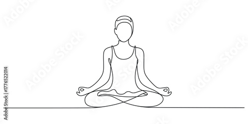Simple continuous line drawing of a woman meditating in lotus position