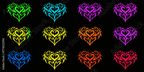 Collection of twelve tribal flame heart designs in a variety of vibrant neon colors on a black background