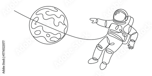 Astronaut floating in space pointing towards a planet, continuous line drawing art
