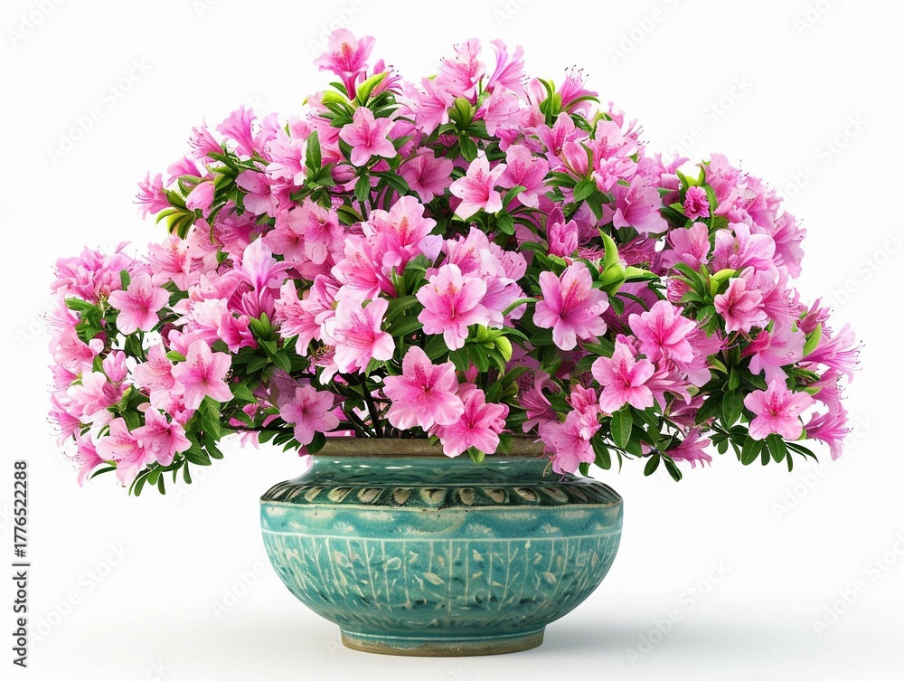 Naklejka premium Pink azalea flowers blooming in decorative pot during springtime display