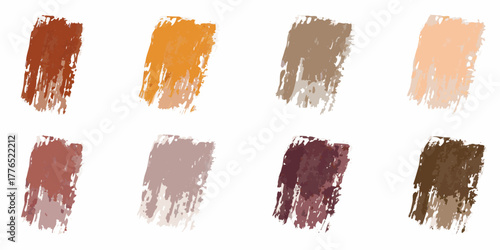 Eight abstract brush stroke paint samples in earthy and neutral tones on white background