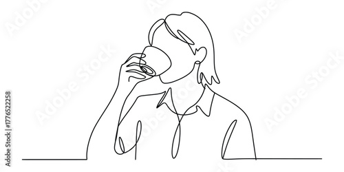 Continuous line drawing of a person drinking coffee