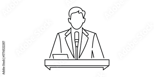 Continuous line drawing of a man speaking at a podium with microphone