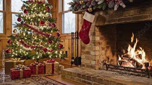 Cozy fireplace at home with Christmas decorations background 4K
