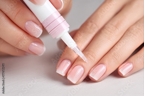 Nail Care Treatment Using a Brush Applicator on Well-Groomed Hands at a Beauty Studio
