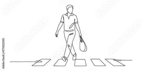 Simple continuous line drawing of a man walking on crosswalk
