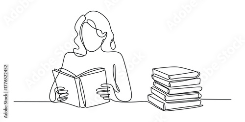 Woman reading book with stack of books Simple continuous line drawing