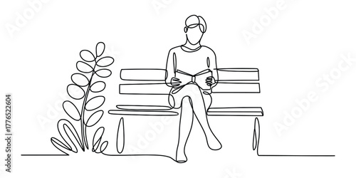 Continuous line drawing of a person sitting on a park bench reading a book