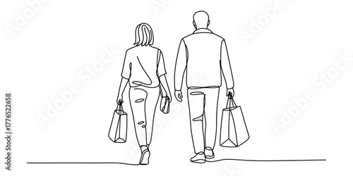 Continuous line drawing of a couple walking with shopping bags
