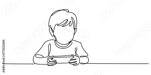 Continuous line drawing of a boy playing video game
