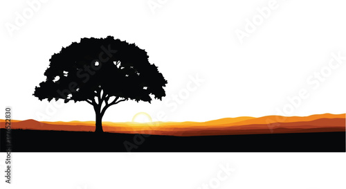 Majestic tree silhouette against a vibrant sunrise over rolling hills.