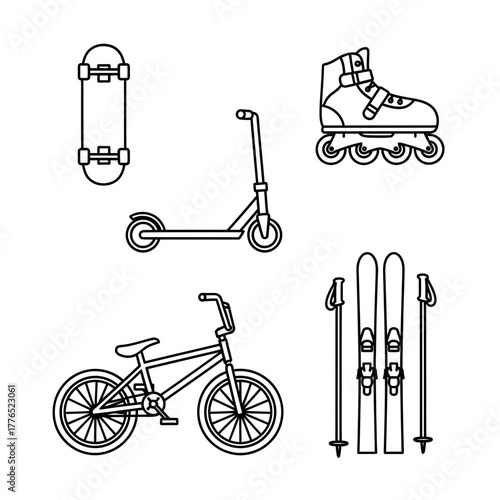 Get Active Lifestyle Designs Collection Featuring Scooter, Skateboard, Bike, Roller Skates, and Skis for Sporty Adventures and Summer Fun, Perfect for Recreation and Leisure