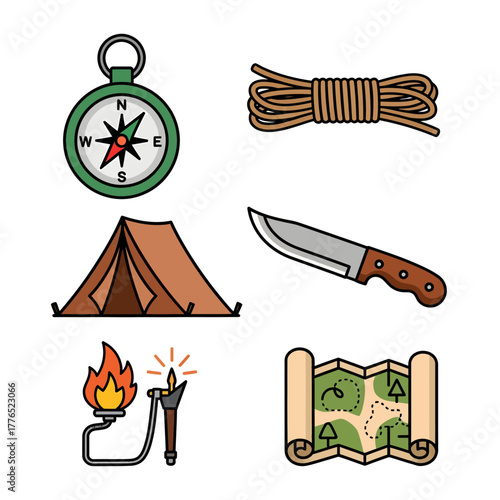 Adventure awaits with essential camping icons: compass, rope, tent, knife, torch, and map, perfect for travel blogs and outdoor lifestyle brands. Plan your wilderness escape today!