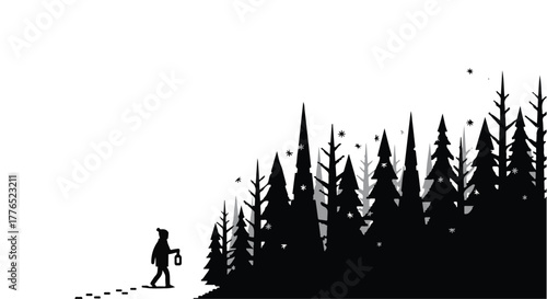 Lone figure walks through snowy forest leaving footprints behind