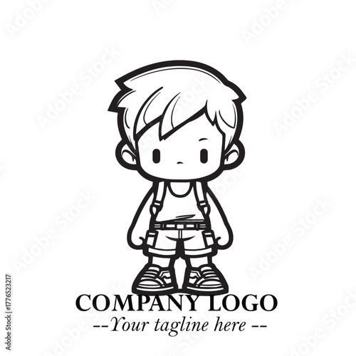 Black and White Chibi Boy Illustration with Jacket and Boots in Bold Thick Line Art Minimal Style