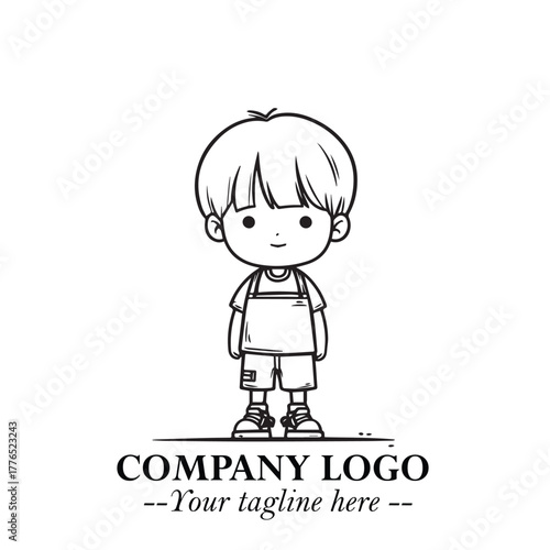 Black and White Chibi Boy Illustration with Jacket and Boots in Bold Thick Line Art Minimal Style